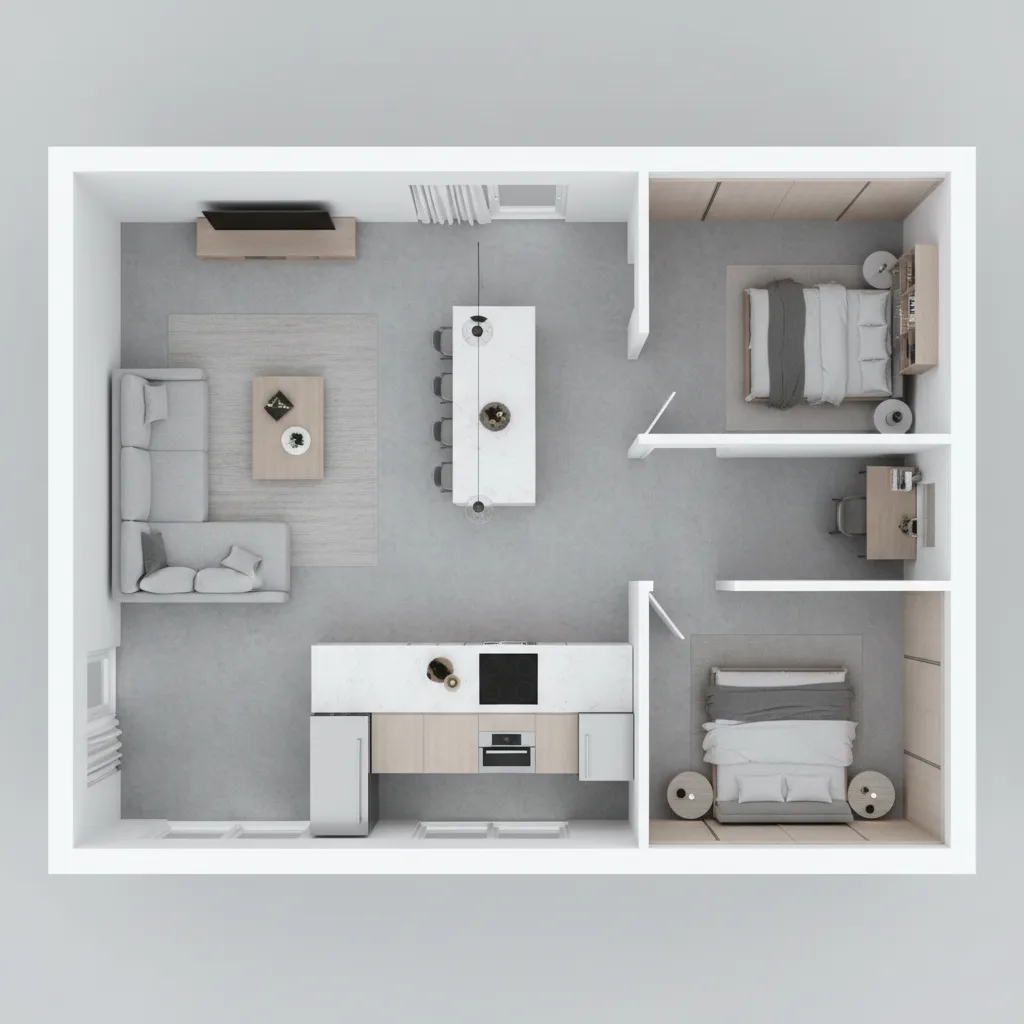 Bản vẽ mặt bằng nhà 3D hiển thị phòng khách bếp và phòng ngủ
