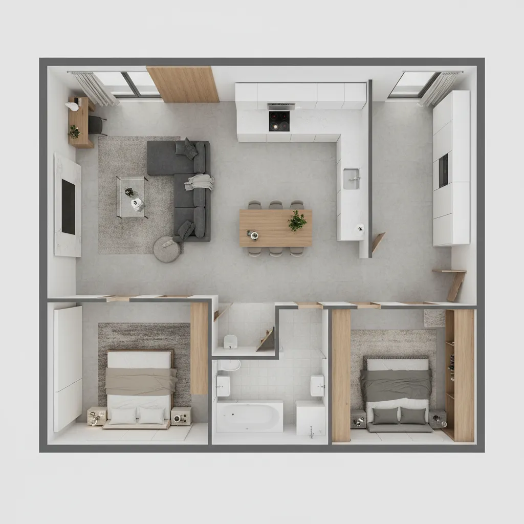 Coohom 3D floor plan layout showing kitchen living room two bedrooms and a tiled bathroom