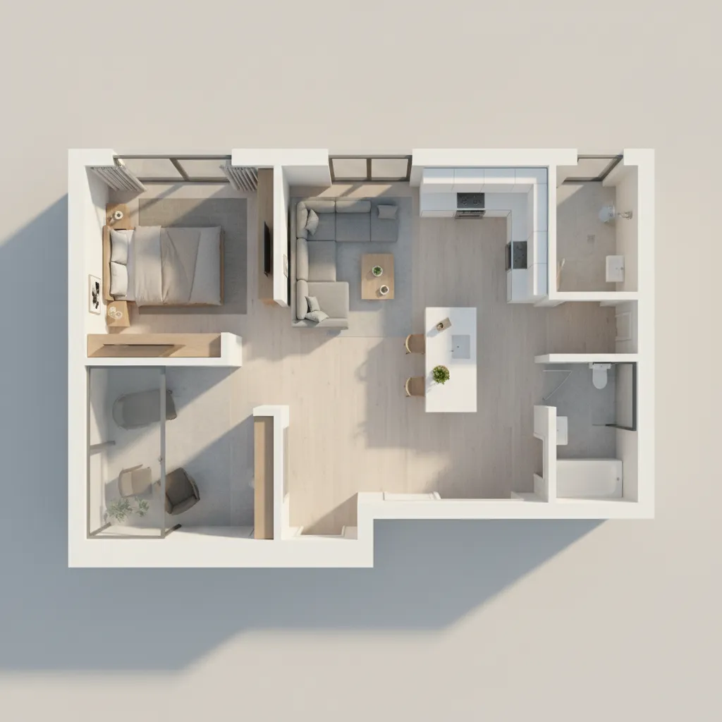 3D floor plan showing living room kitchen and bedroom zoning in a residential layout
