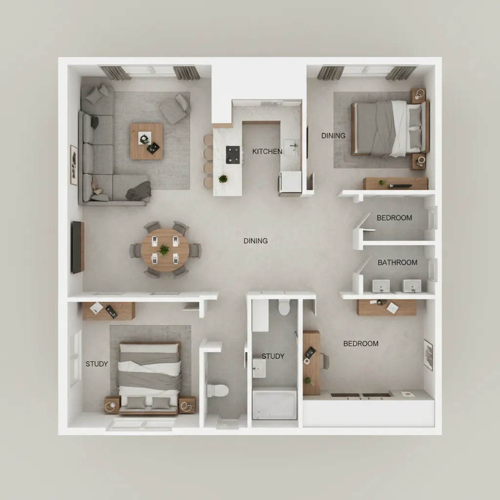 3D floor plan showing furniture layout planning for budget efficient interior design