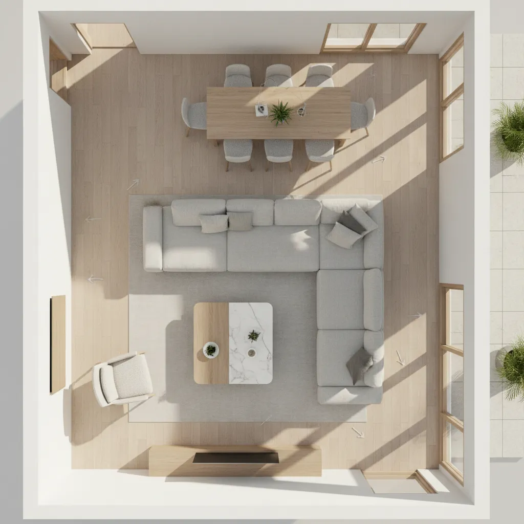 3D floor plan highlighting furniture layout and walking circulation space