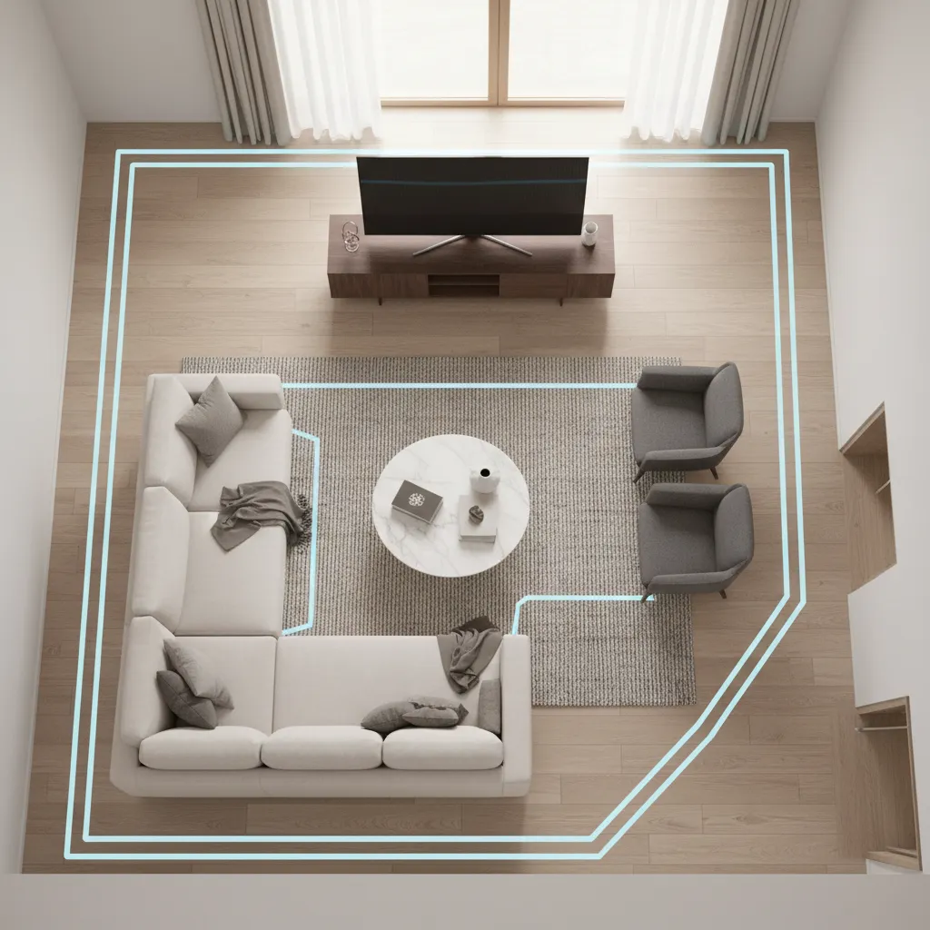 3D floor plan highlighting circulation paths in a living room layout