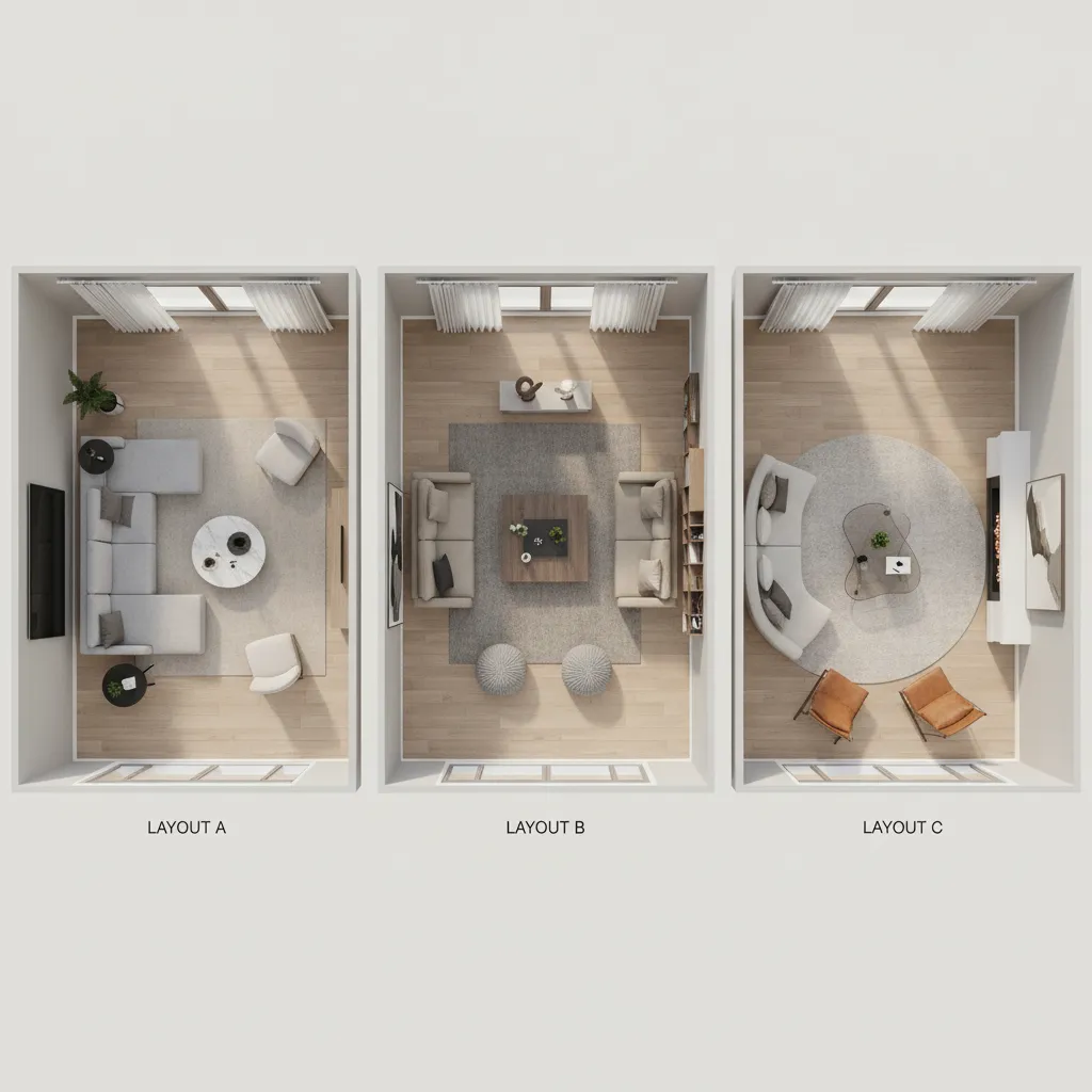3D floor plan layouts showing different furniture arrangements in a living room