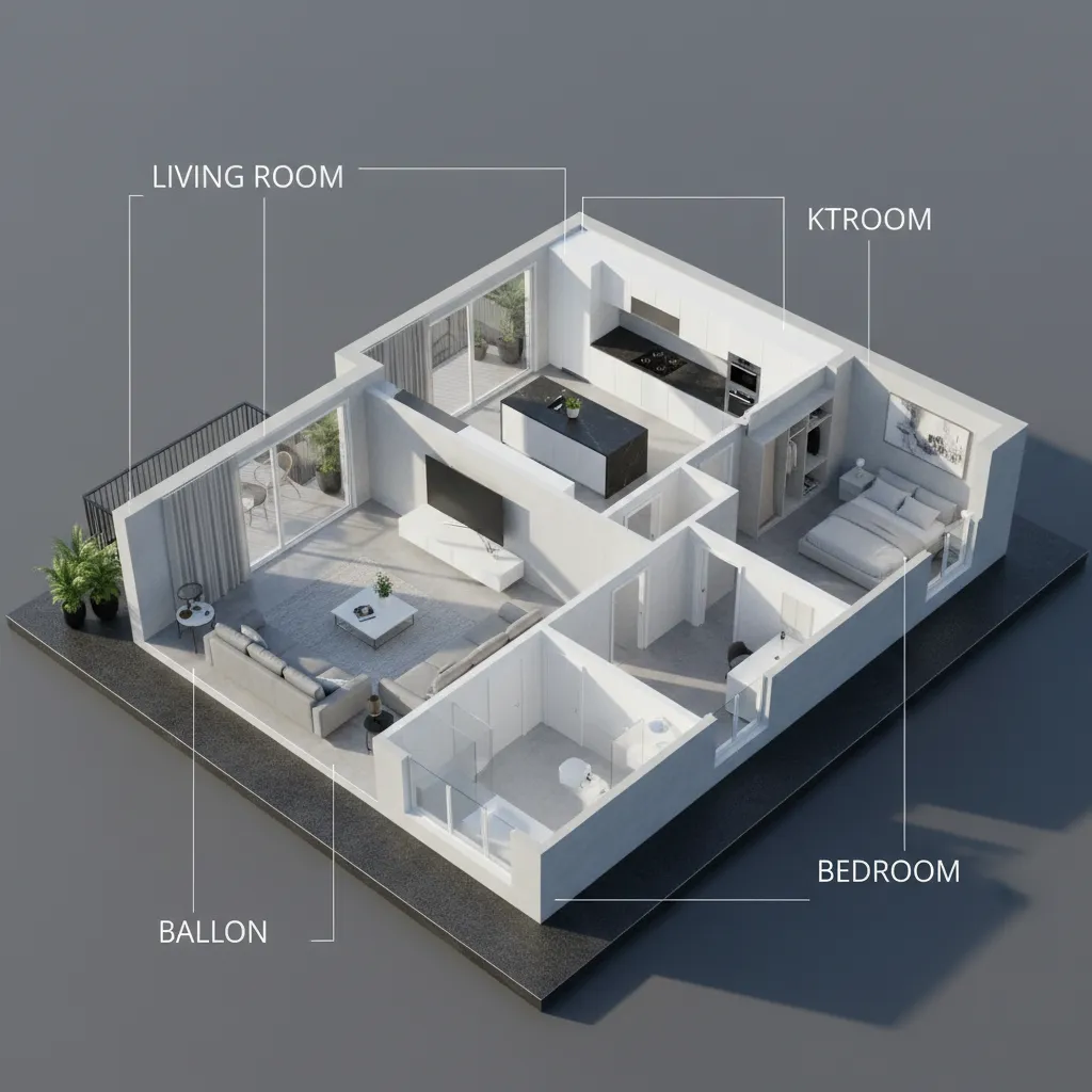 Three dimensional room layout showing living room kitchen bedroom and balcony with furniture and labels