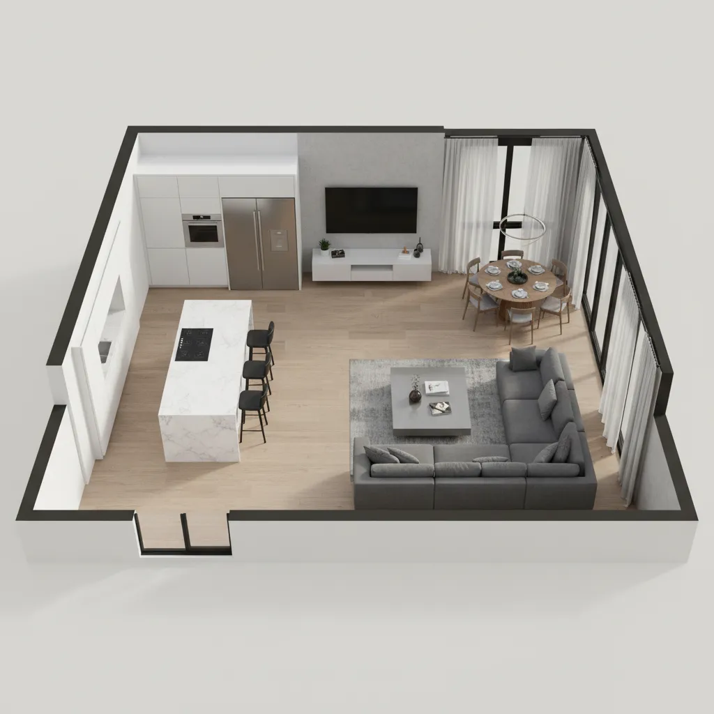 Mặt bằng nhà 3D hiển thị bố trí phòng khách và bếp