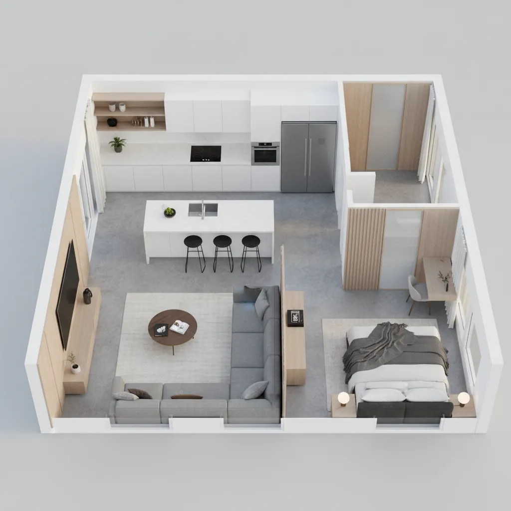 Bản vẽ mặt bằng 3D căn hộ với phòng khách, bếp và phòng ngủ