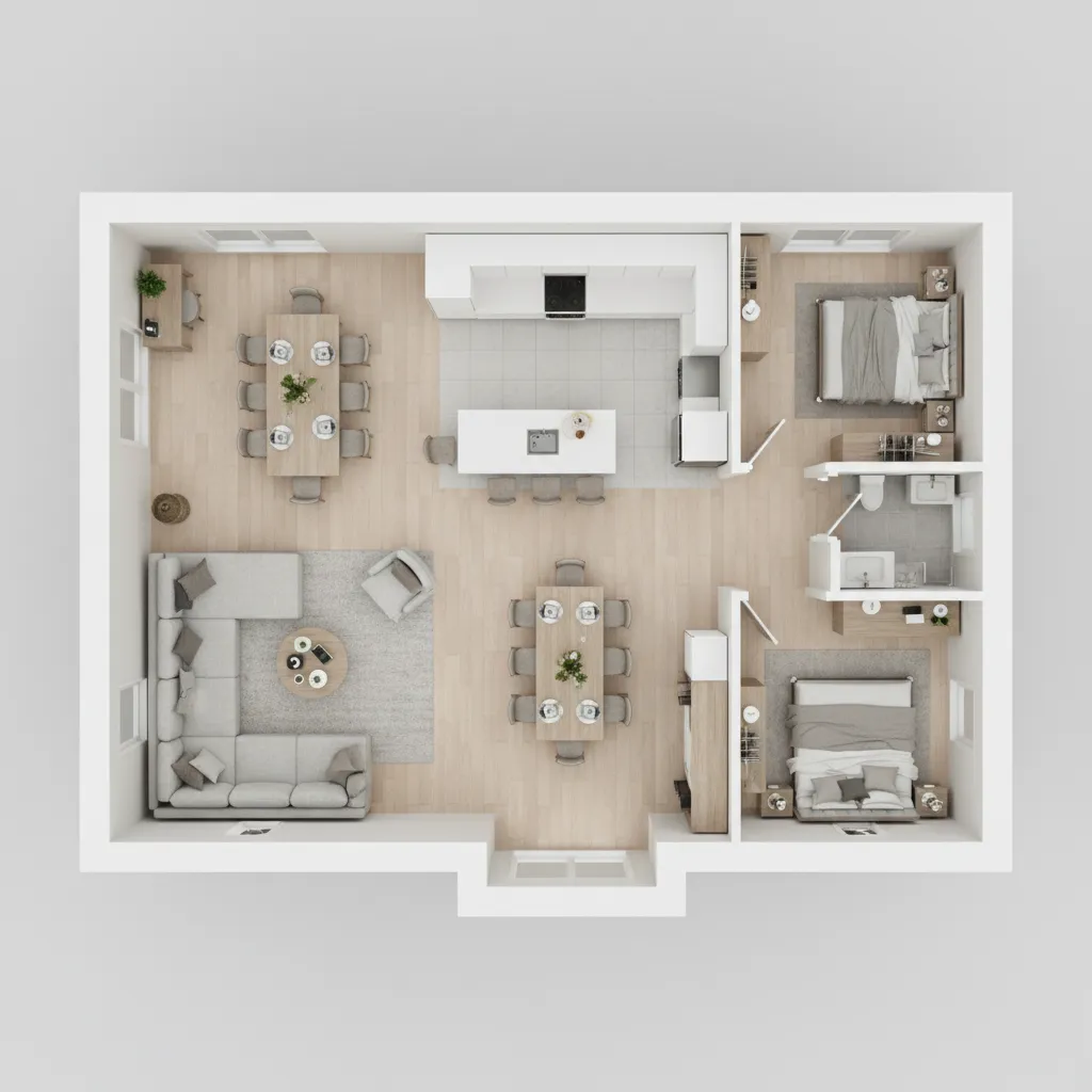 Bản vẽ mặt bằng nhà 3D hiển thị các phòng và bố trí nội thất