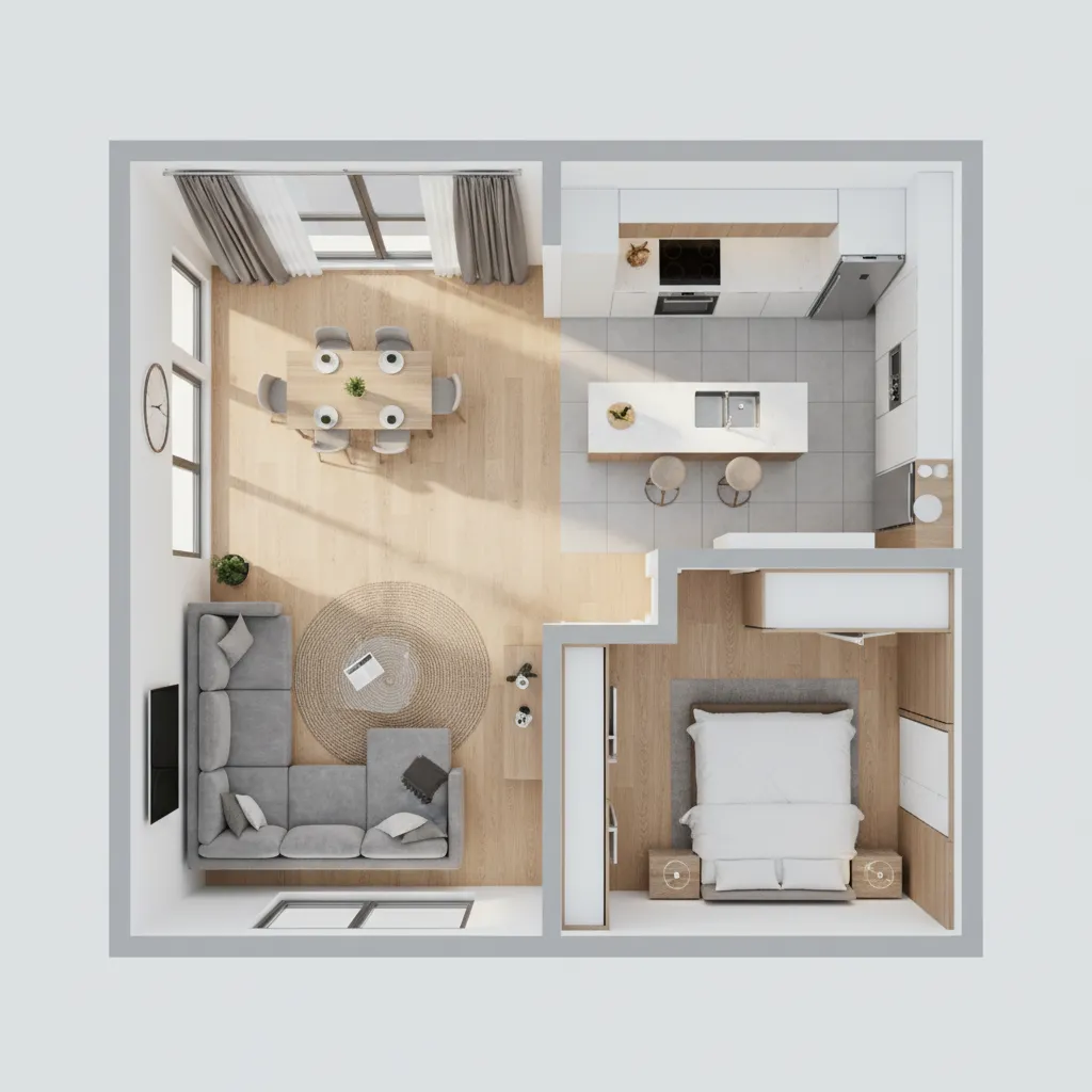Bản vẽ mặt bằng 3D hiển thị bố trí phòng và nội thất