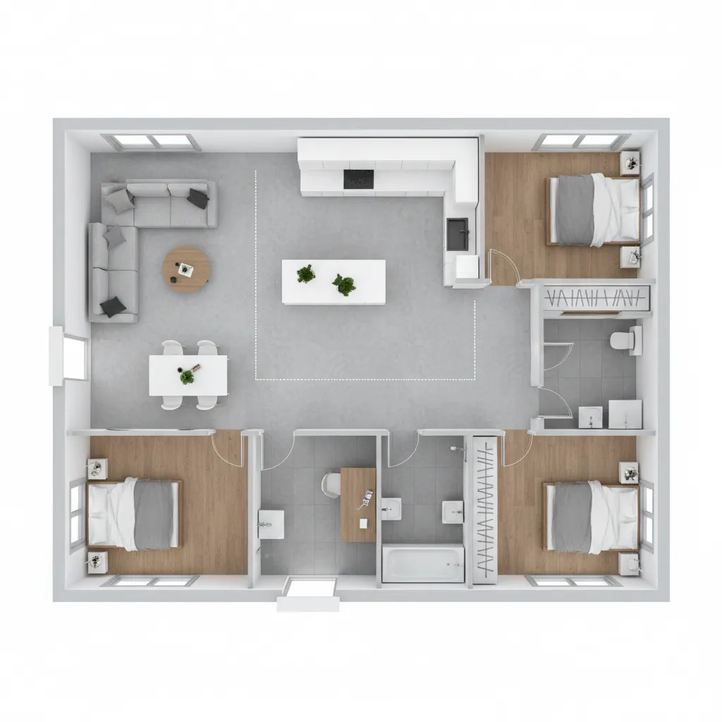 3D floor plan showing room layout and circulation paths in a house design app