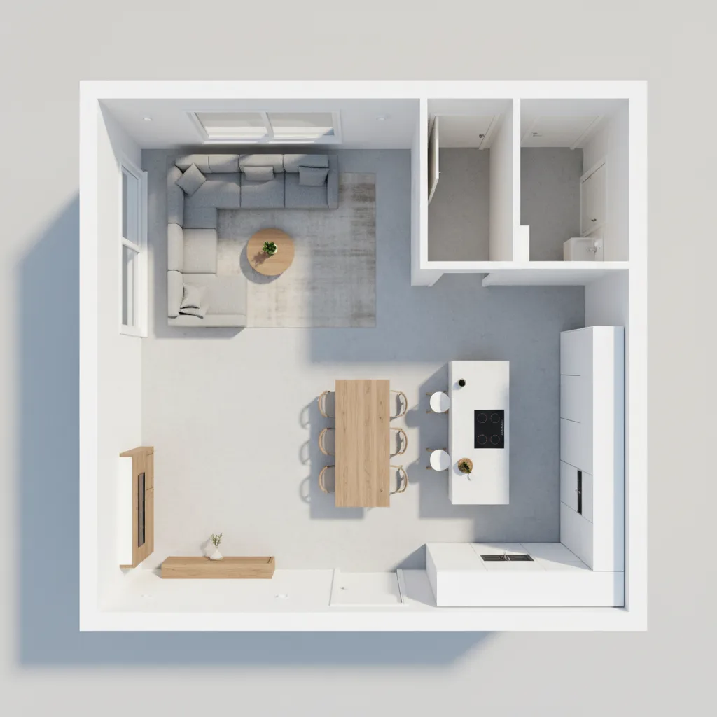 3D floor plan layout demonstrating room connections and circulation paths
