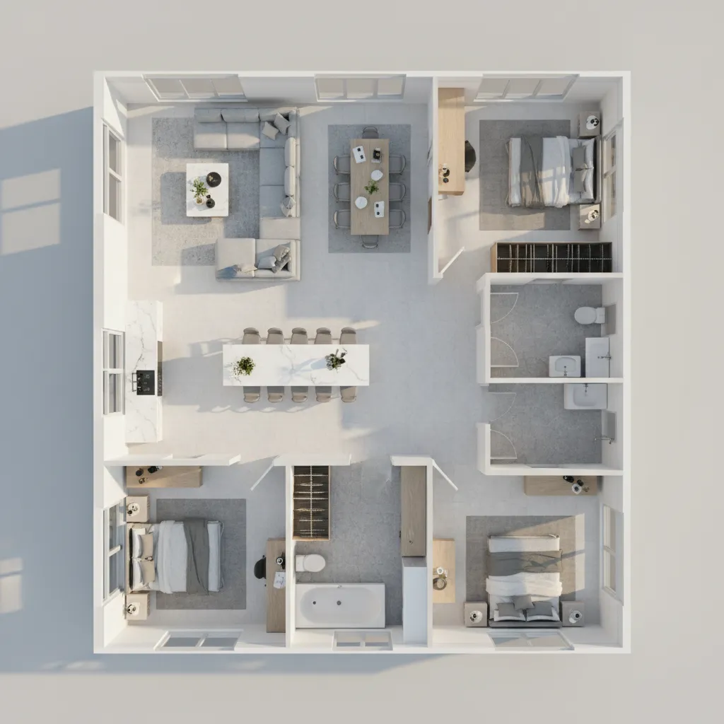 3D floor plan layout showing rooms furniture and circulation paths