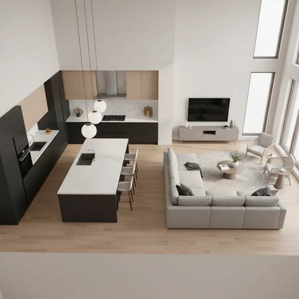 3D floor plan layout of a remodeled open concept kitchen and living room