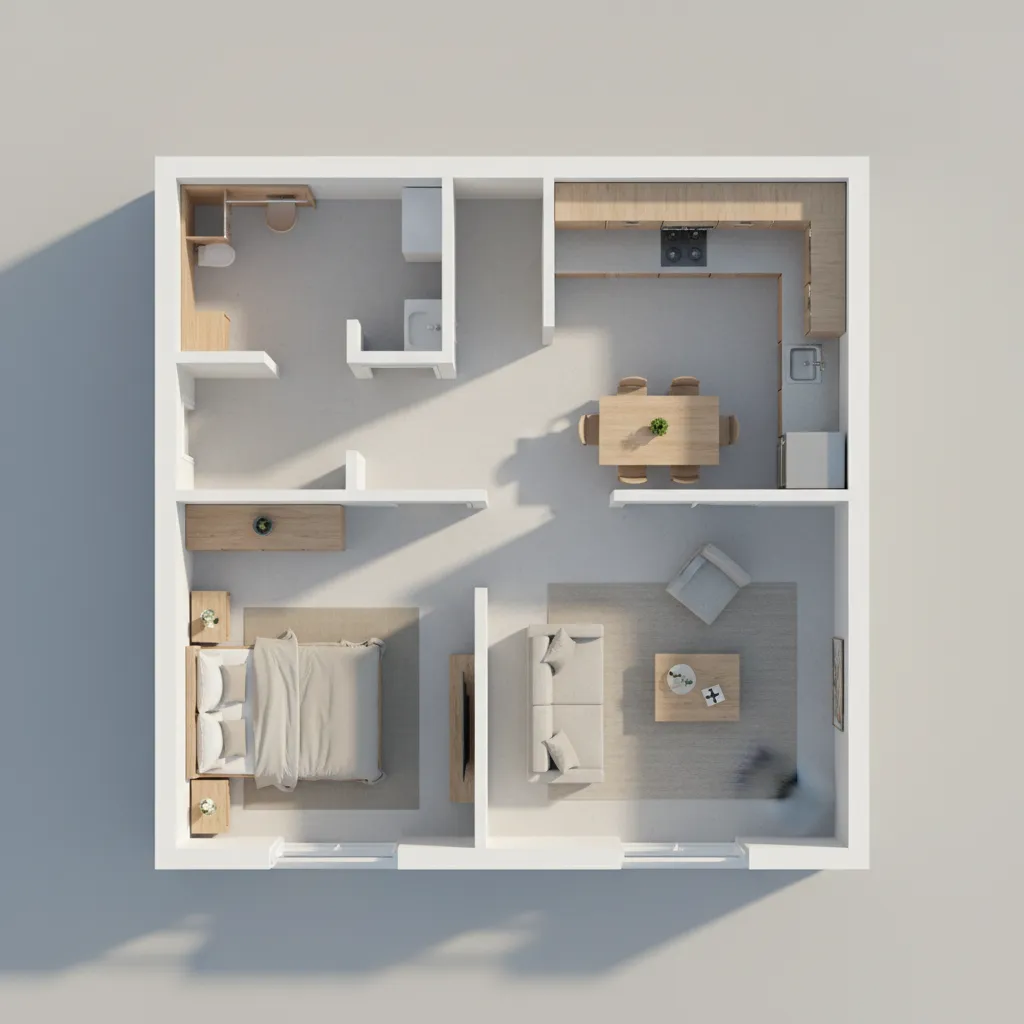 simple 3D home floor plan layout with furniture and room divisions