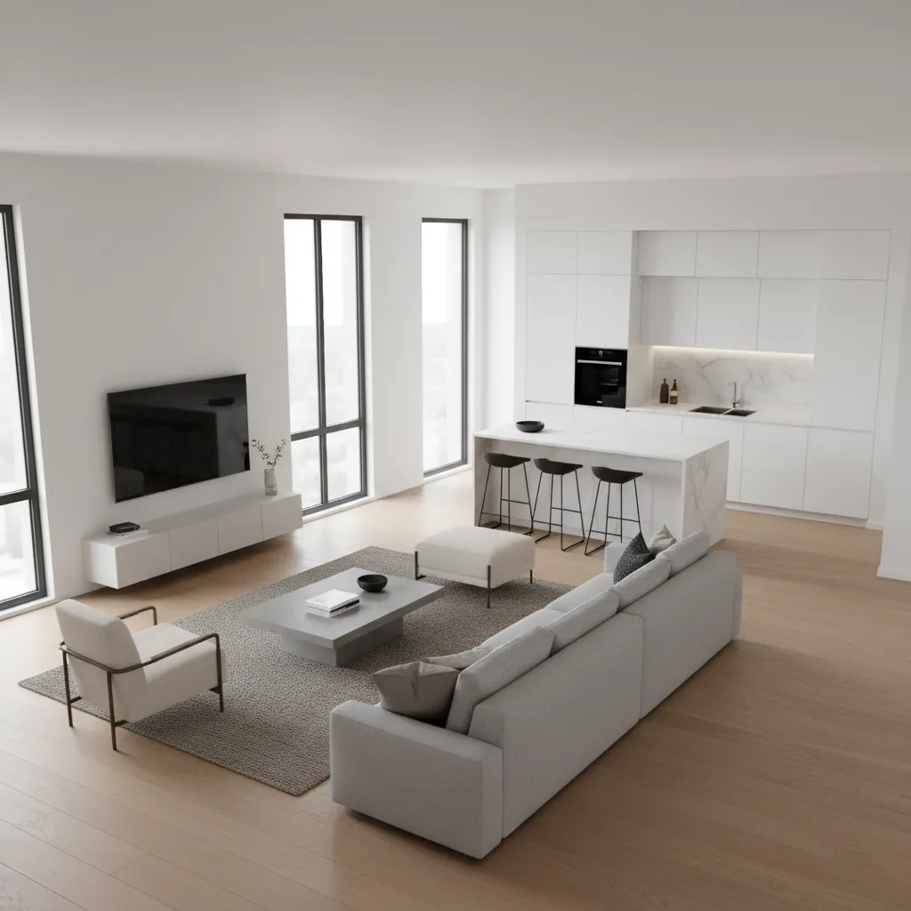 3D floor plan layout created with home design software showing furniture placement