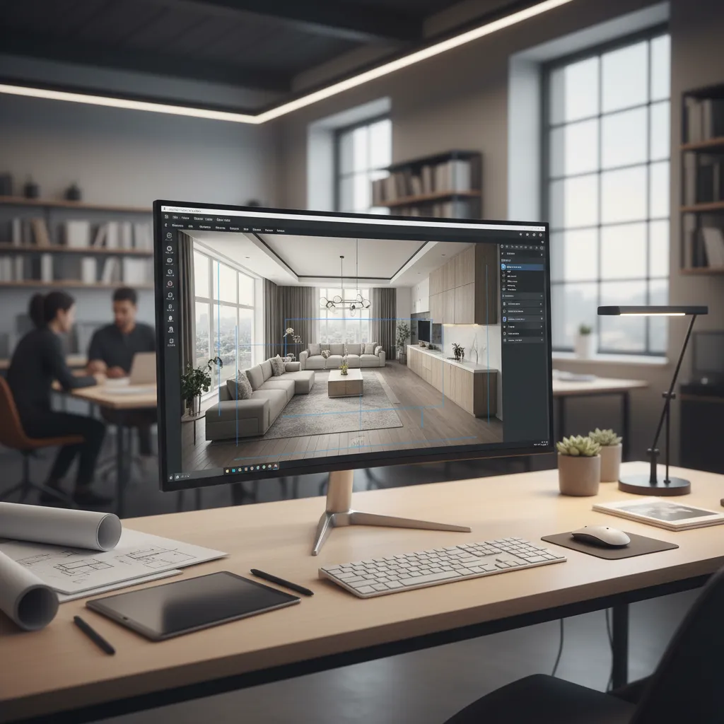 3D floor plan layout being designed on a computer screen