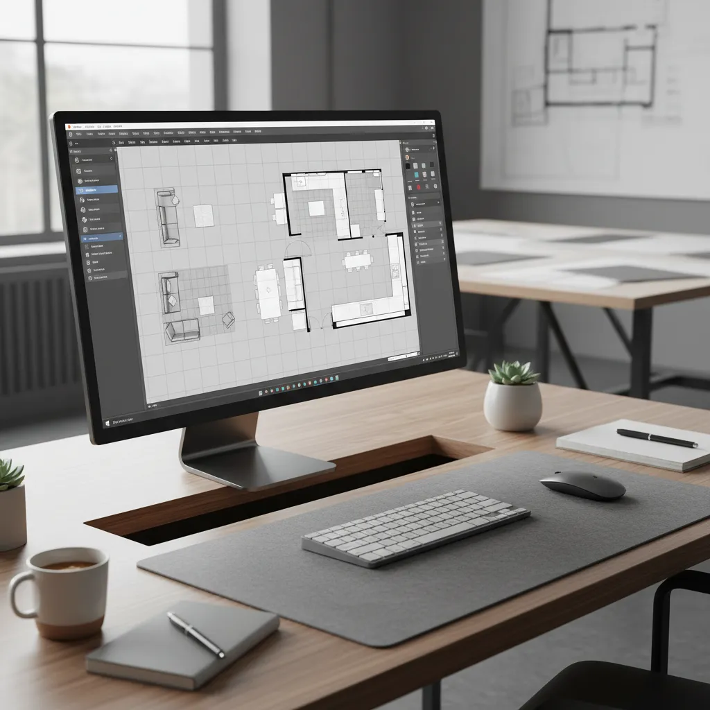 Interior layout design being created in 3D floor planning software interface