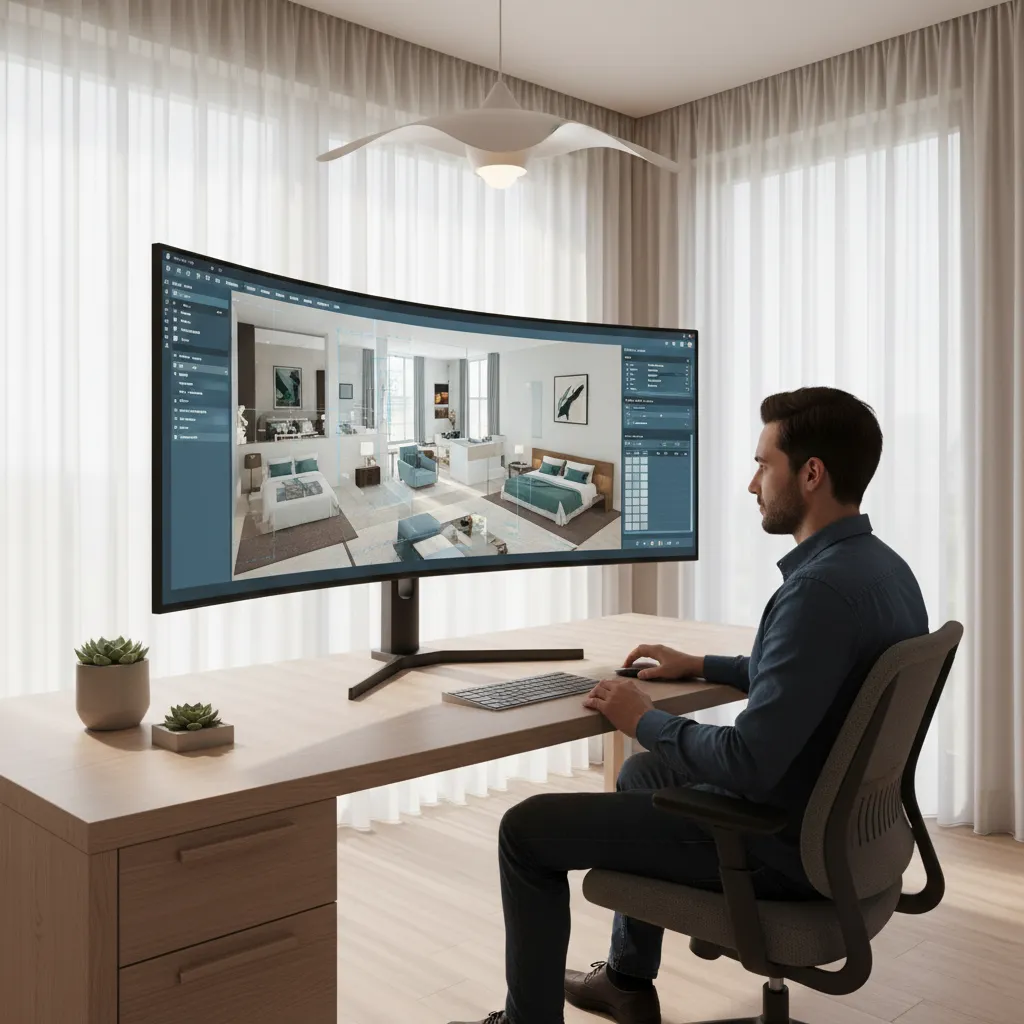 Designer working on digital 3D floor plan layout on large screen