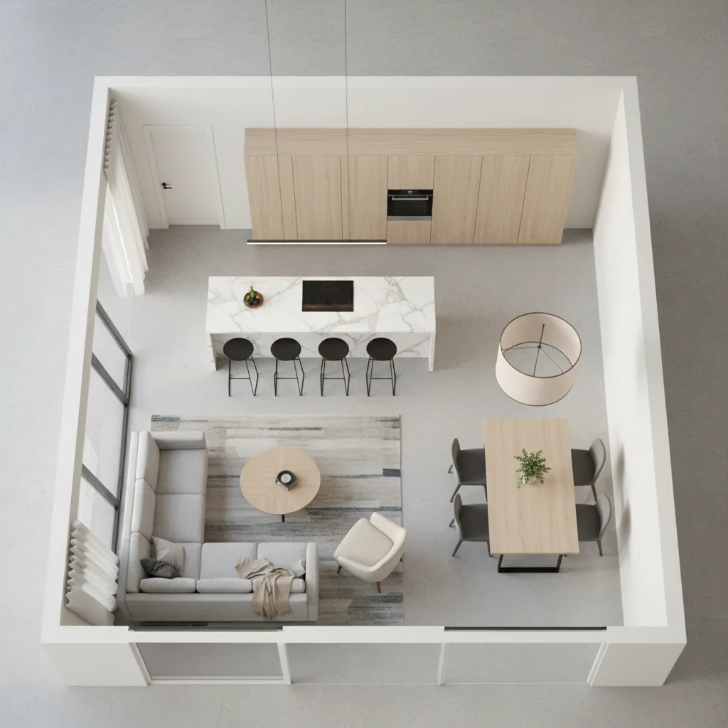 3D floor plan layout showing living room kitchen and dining areas