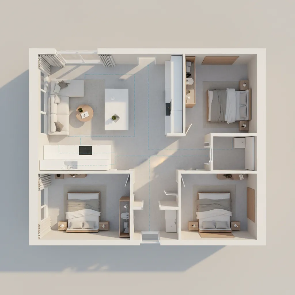 3D floor plan illustrating room connections and circulation paths