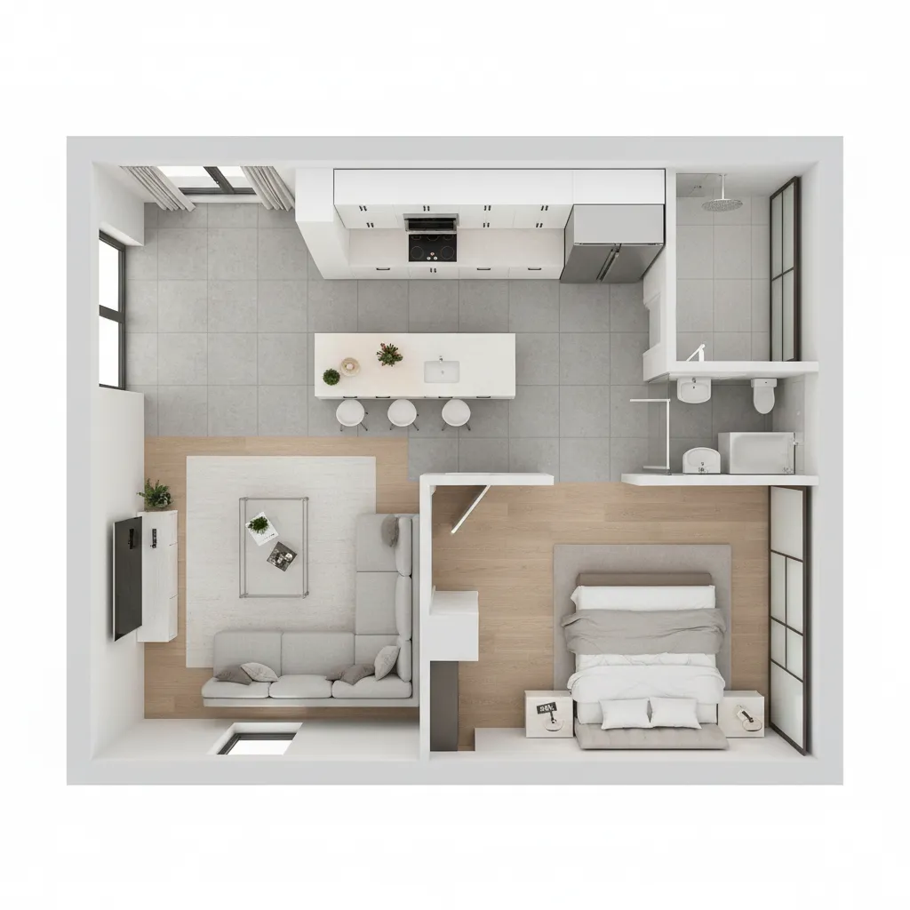 realistic 3D apartment floor plan rendering showing furniture layout