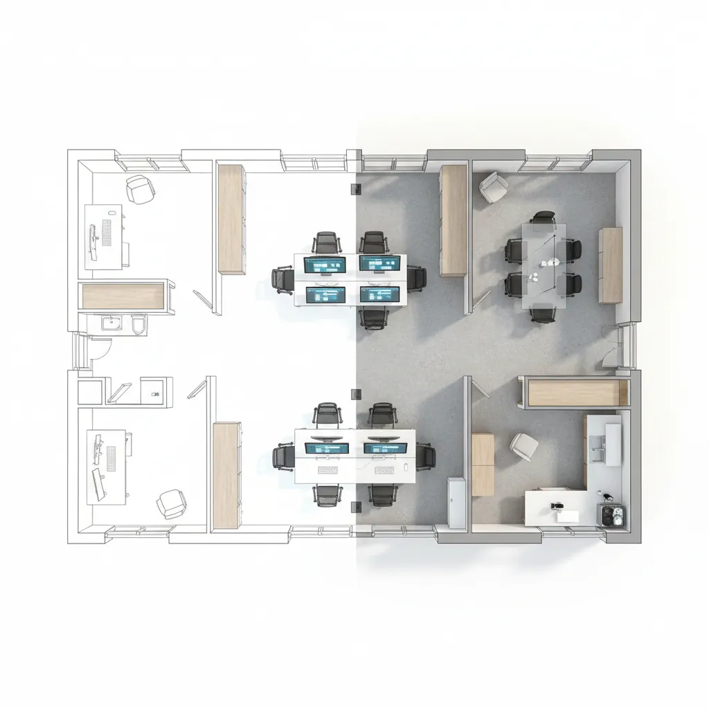 Architectural layout transitioning into a 3D floor plan visualization