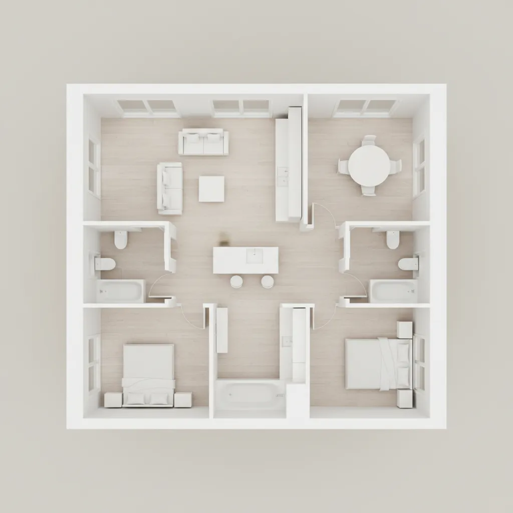 3D rendered architectural floor plan focusing on walls doors windows and layout structure