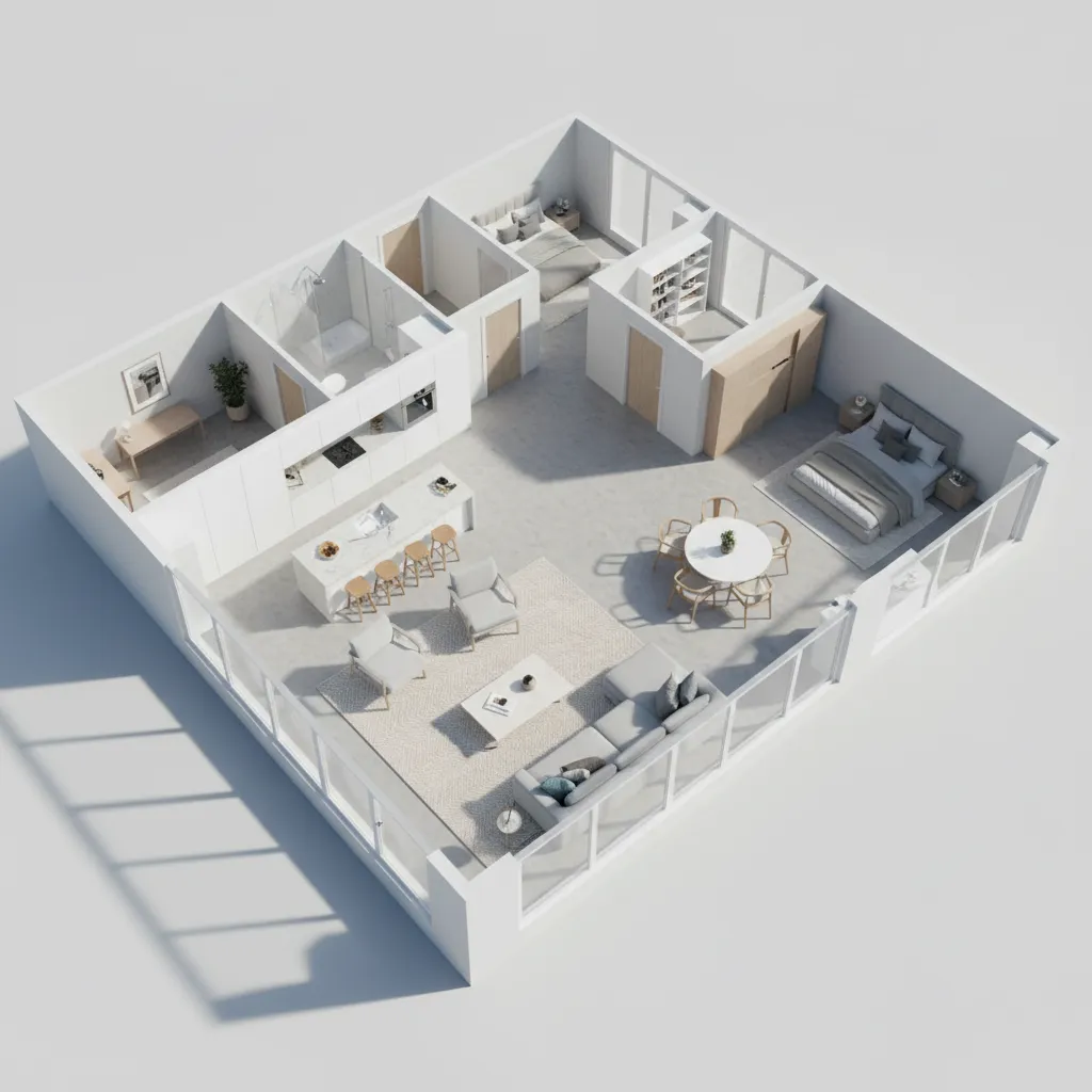 3D floor plan visualization showing walls rooms and furniture placement