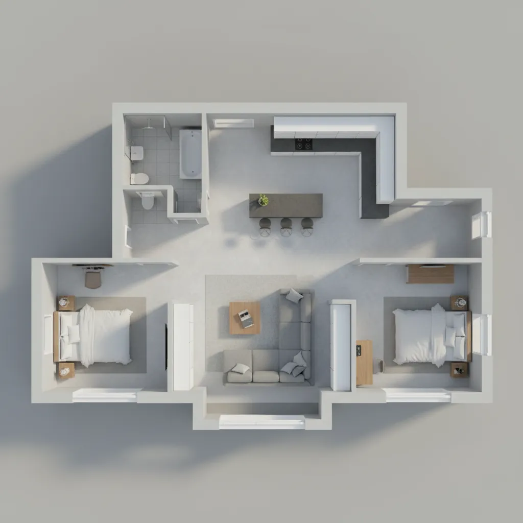 Mô hình mặt bằng 3D hiển thị bố trí phòng trong ngôi nhà