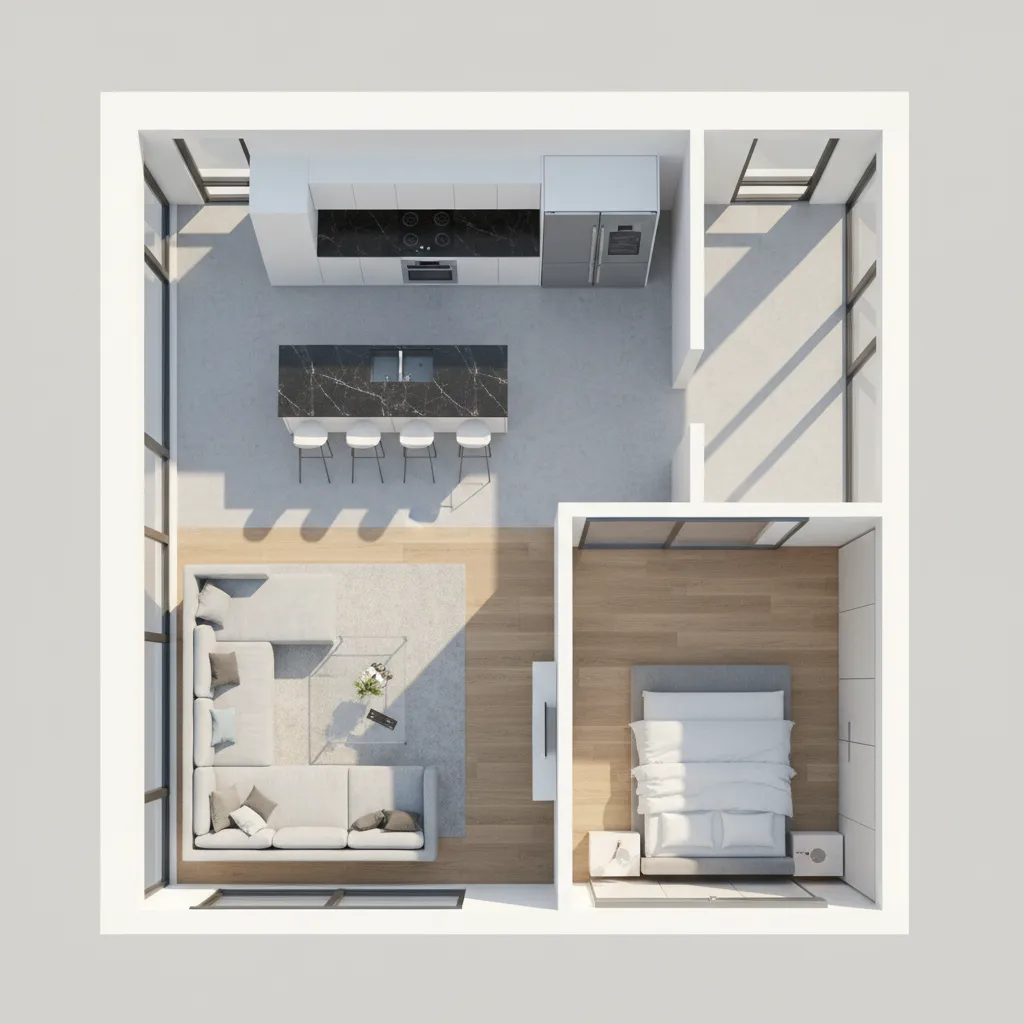 Mô hình mặt bằng nhà 3D với phòng khách bếp và phòng ngủ