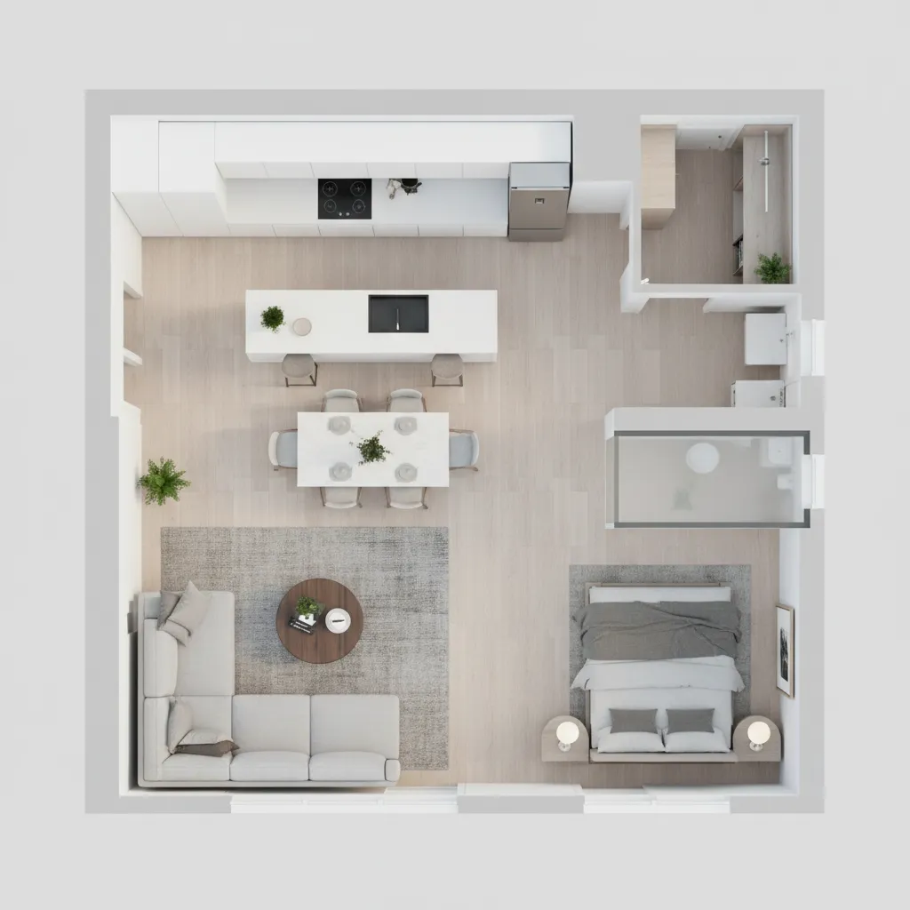 3D floor plan layout visualization with furniture placement and spatial zones