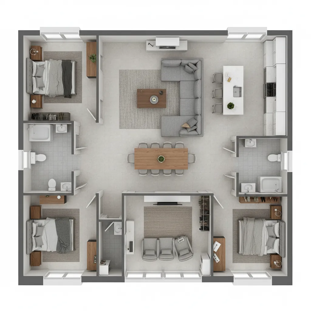 Realistic 3D house floor plan layout with furniture placement