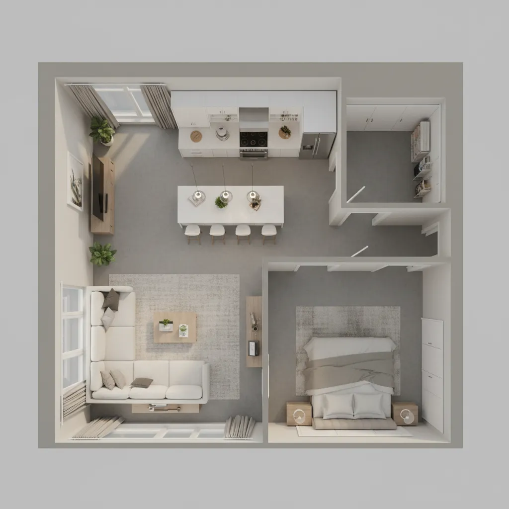3D rendered apartment floor plan showing furniture placement and room flow