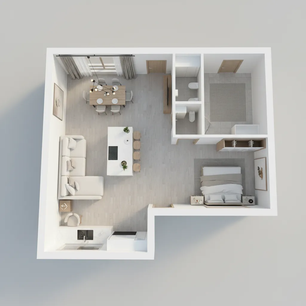 3D apartment layout visualization with living room kitchen and bedroom zones