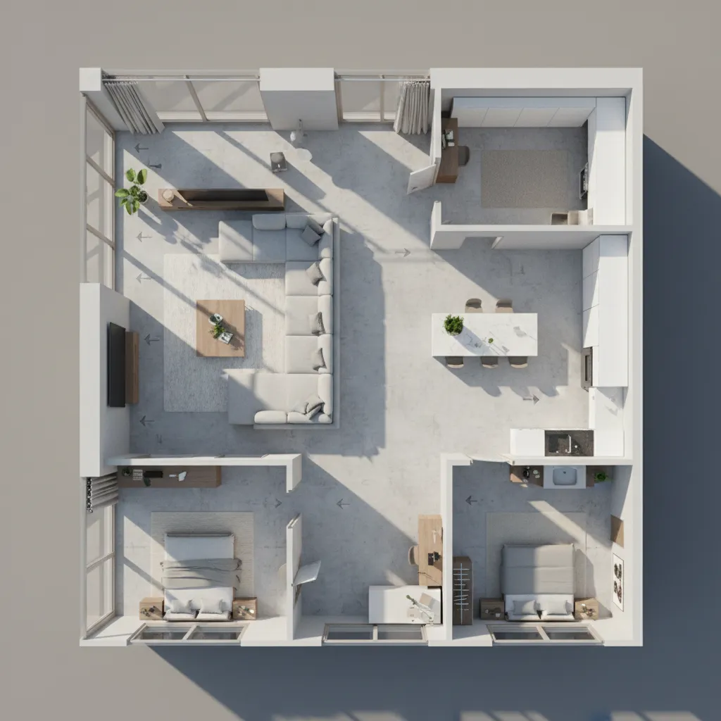 3D floor plan layout showing room connections and circulation