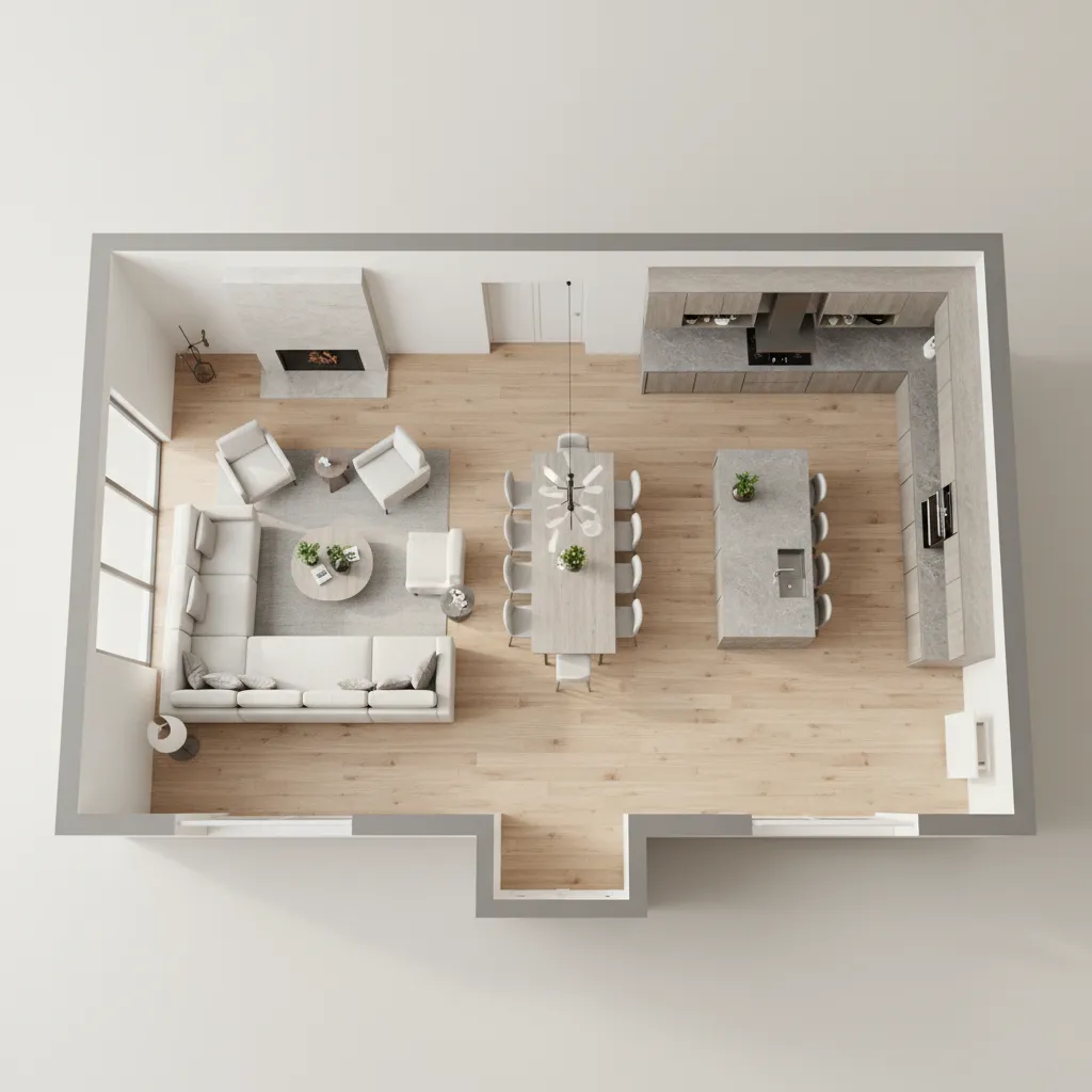 3D floor plan highlighting living dining and kitchen zones