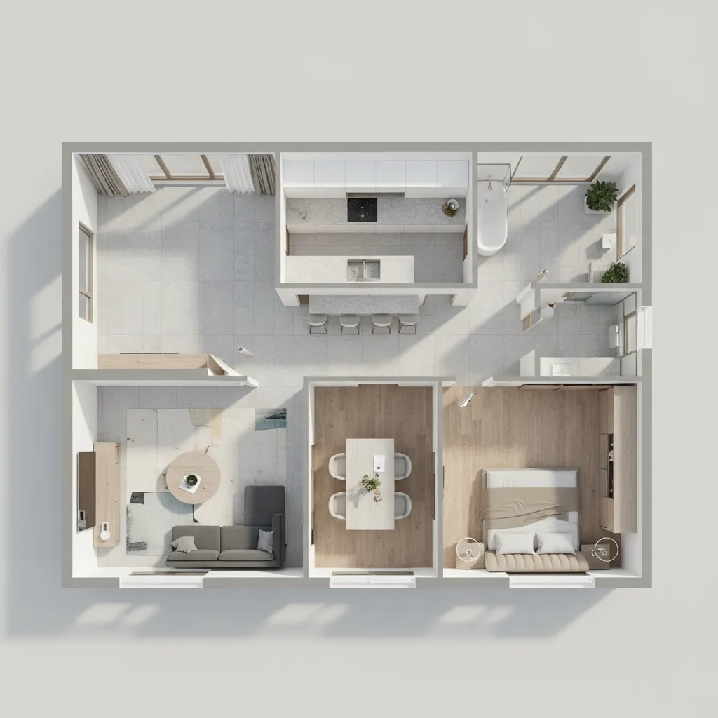 3D home floor plan layout showing living room kitchen and bedroom zoning