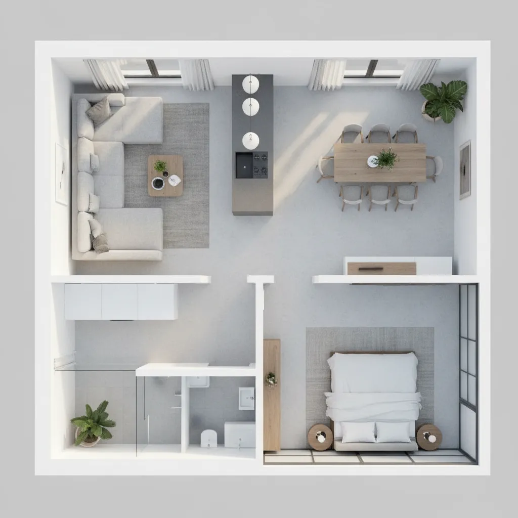 3D floor plan rendering highlighting living, kitchen, and bedroom zones