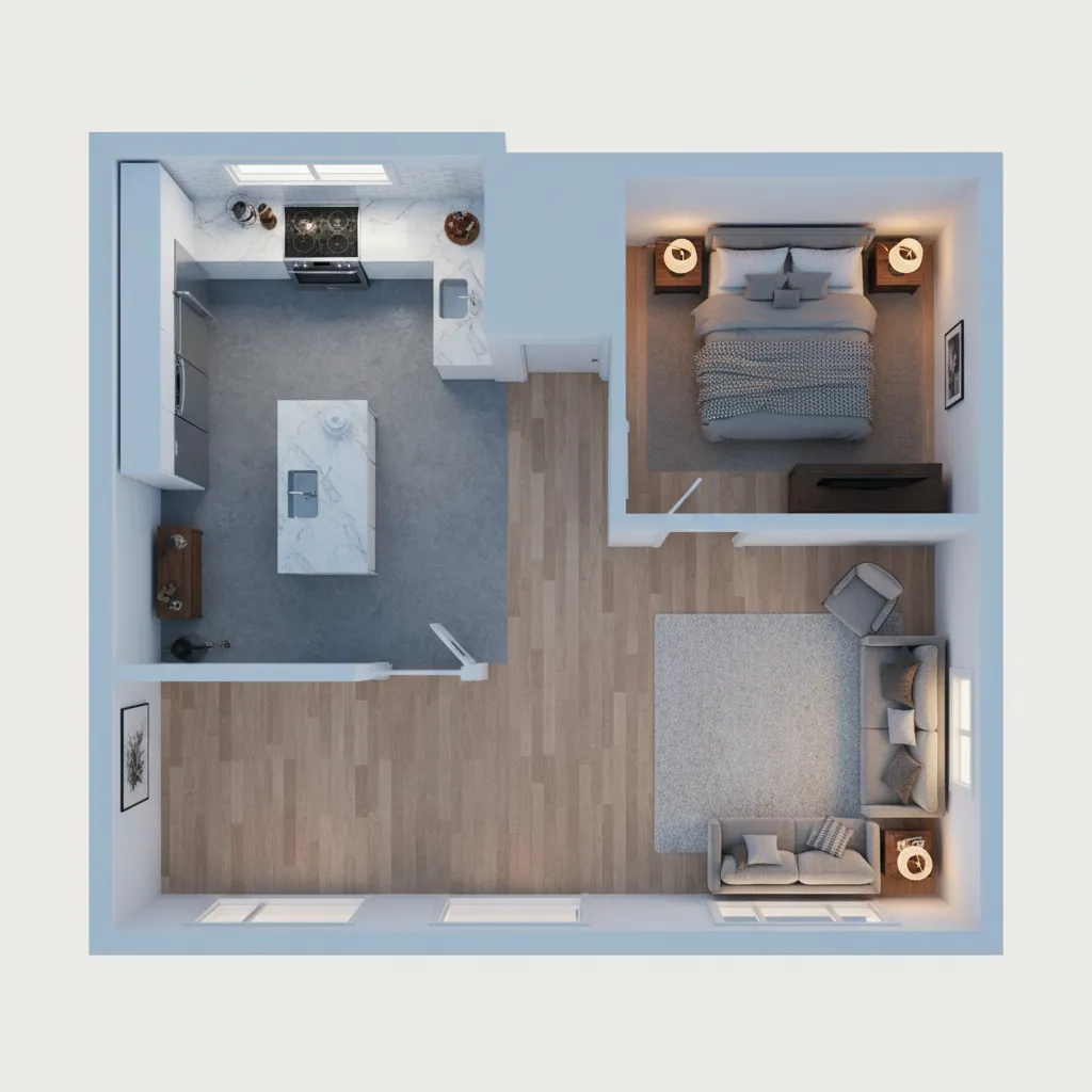 3D rendered floor plan highlighting lighting and material differences between rooms