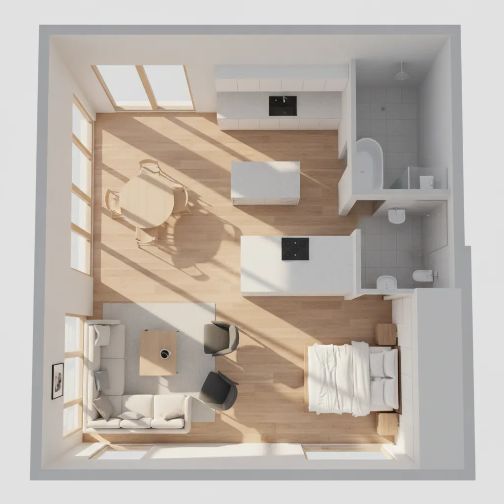 3D floor plan with soft daylight lighting and elevated perspective