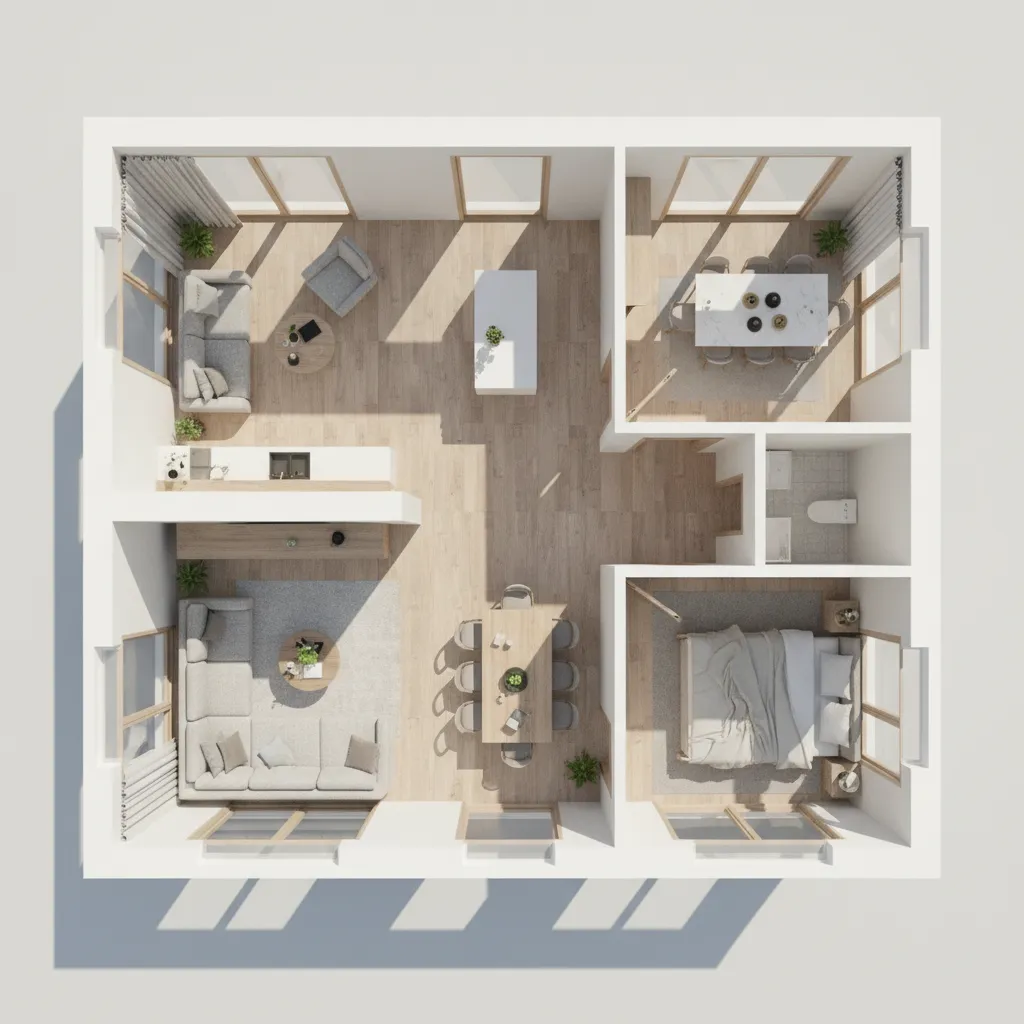 realistic 3D interior floor plan rendering showing daylight entering rooms