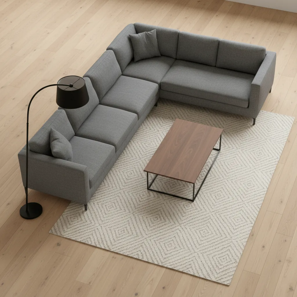 Plano 3D de un salón con sofá, mesa y lámparas