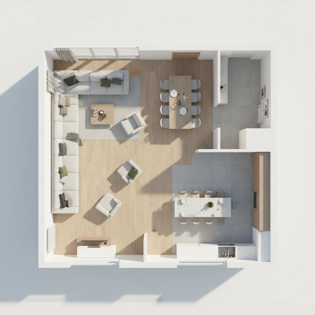 3D floor plan visualization showing living room and kitchen layout