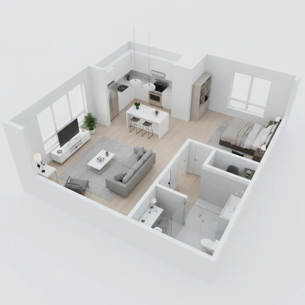 3D floor plan of modern apartment showing living room kitchen and bedroom layout
