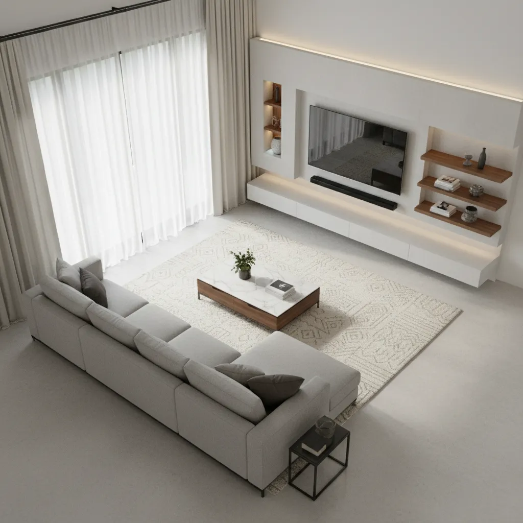 3D floor plan visualization of a living room layout with sofa and coffee table