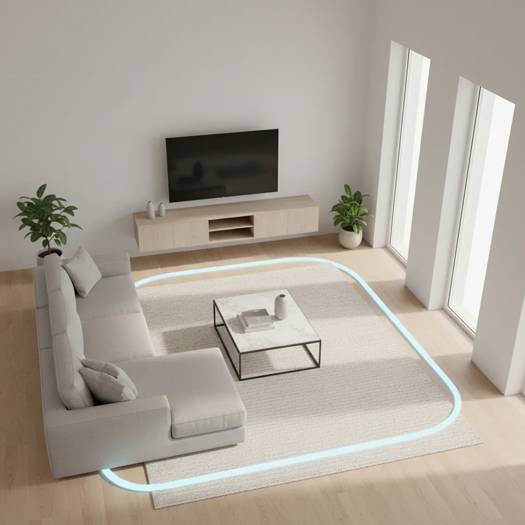 3D floor plan living room layout with sofa coffee table and circulation path