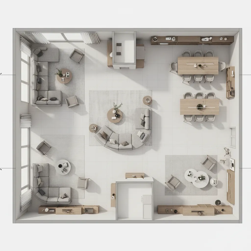 3D floor plan showing multiple living room furniture layout options