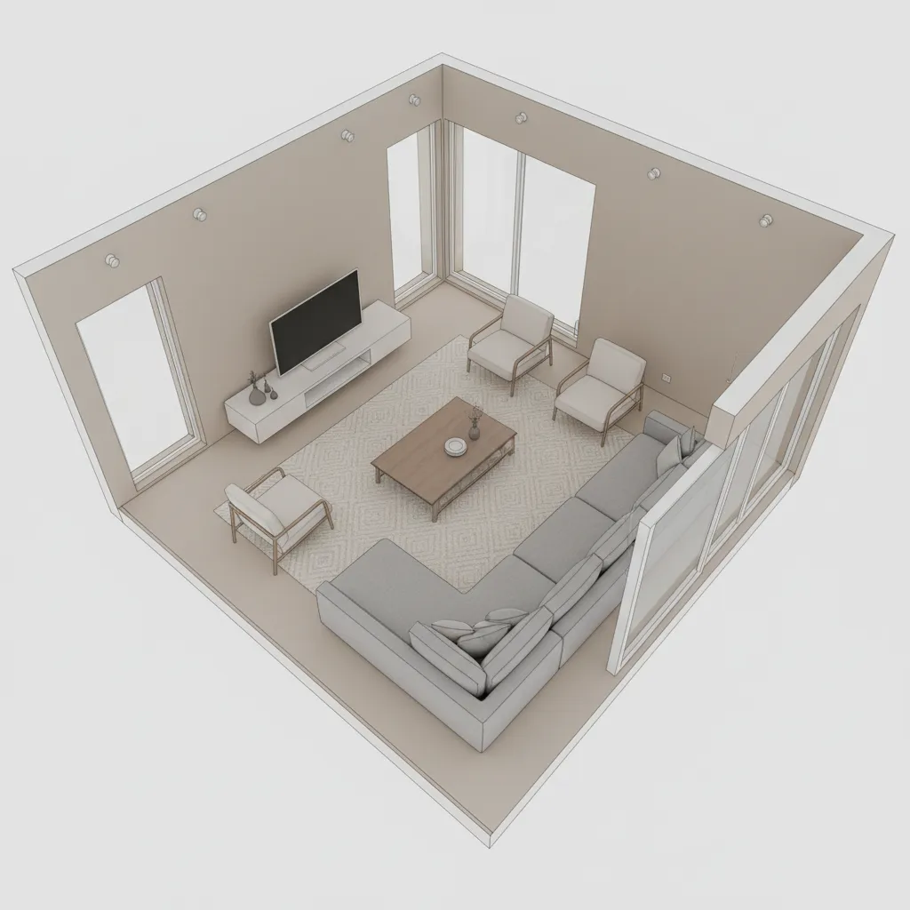 3D floor planner showing a furnished living room layout