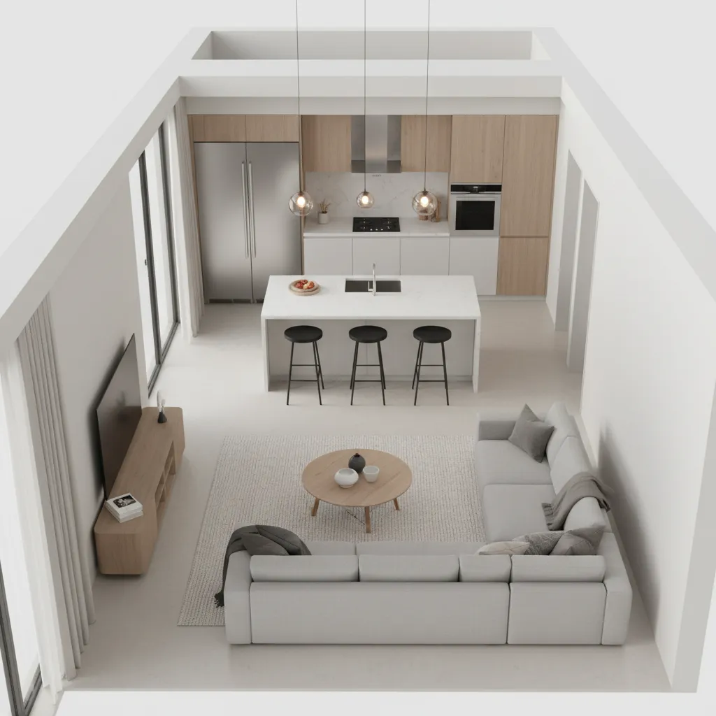 Plano 3D mostrando salón conectado con cocina abierta