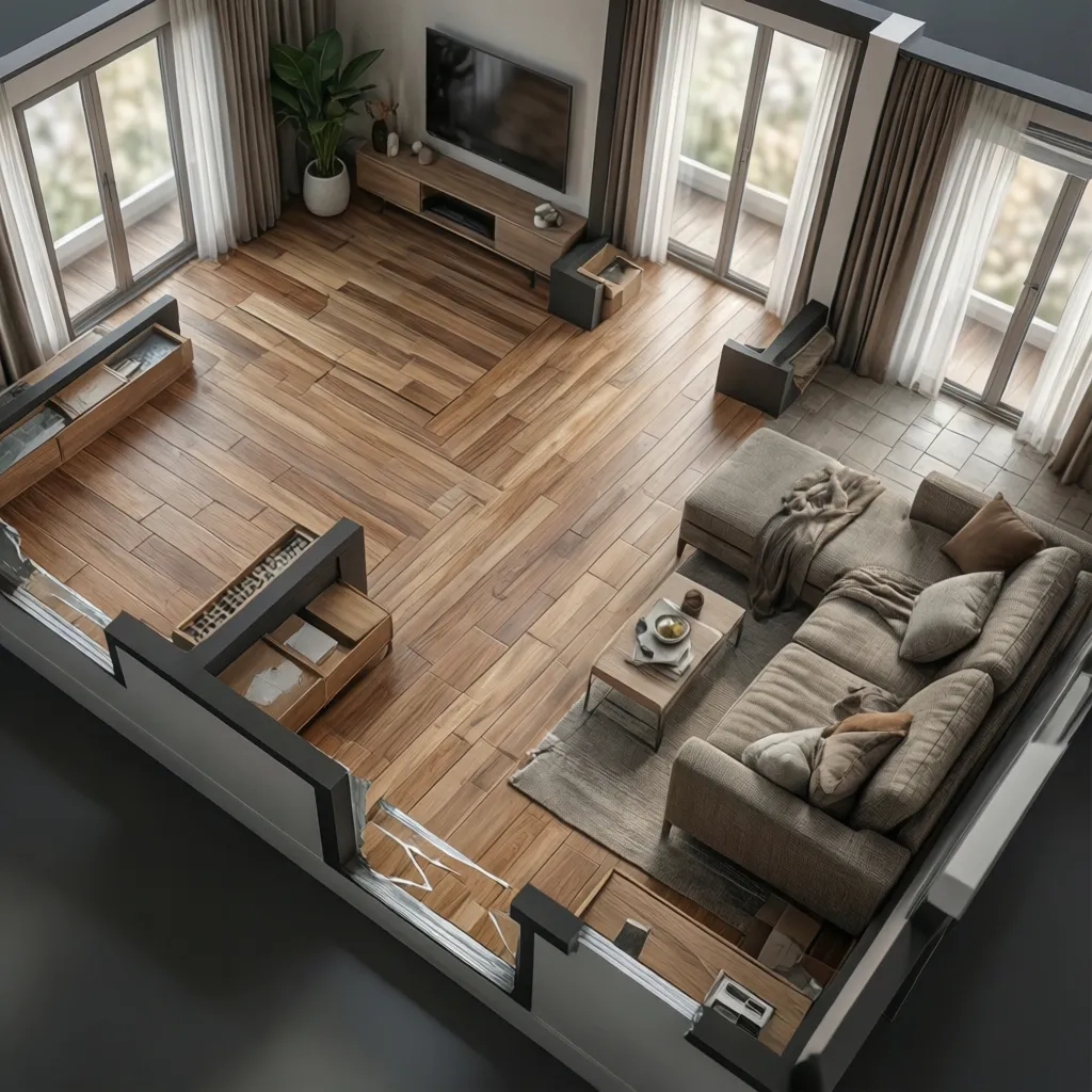 3D floor plan showing realistic wood flooring and material textures