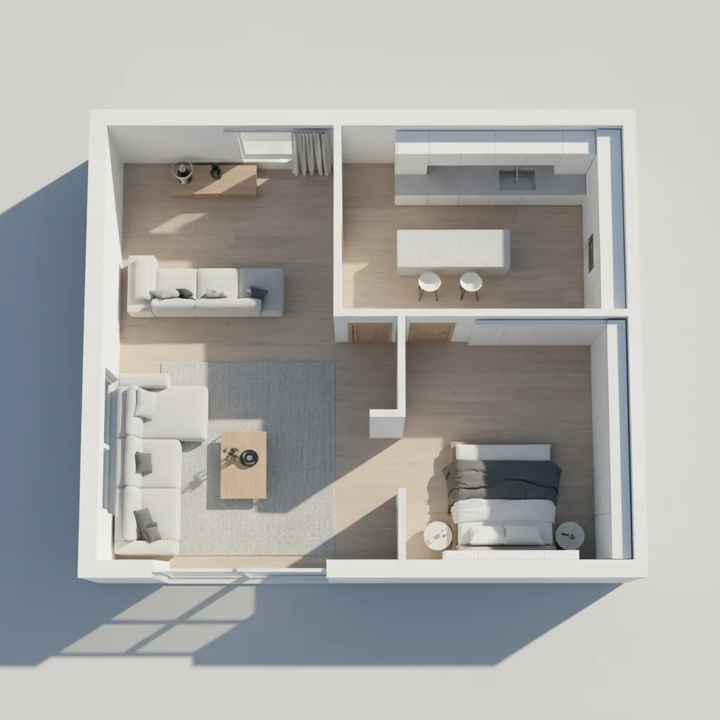 3D rendered modern apartment floor plan showing living room kitchen and bedroom layout